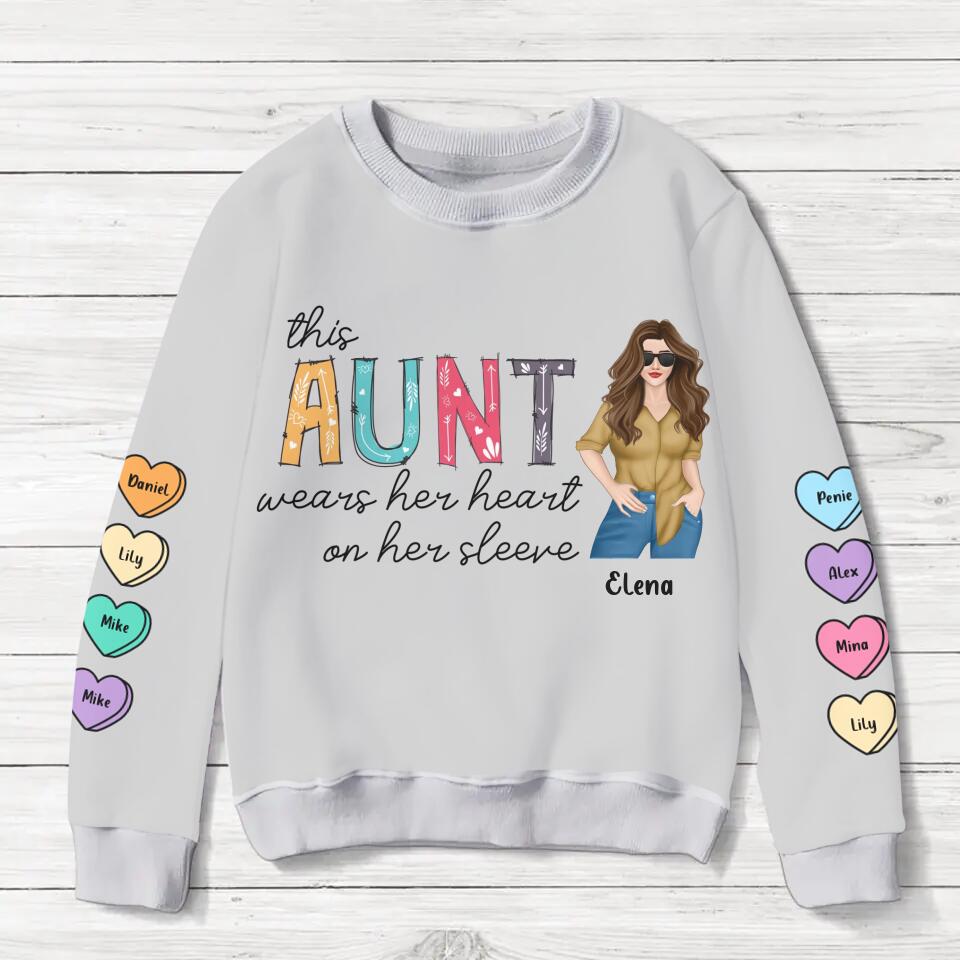 Personalized Aunt Sweater - Gift for Aunt - Up to 8 Hearts - This Aunt Wears Her Heart On Her Sleeve