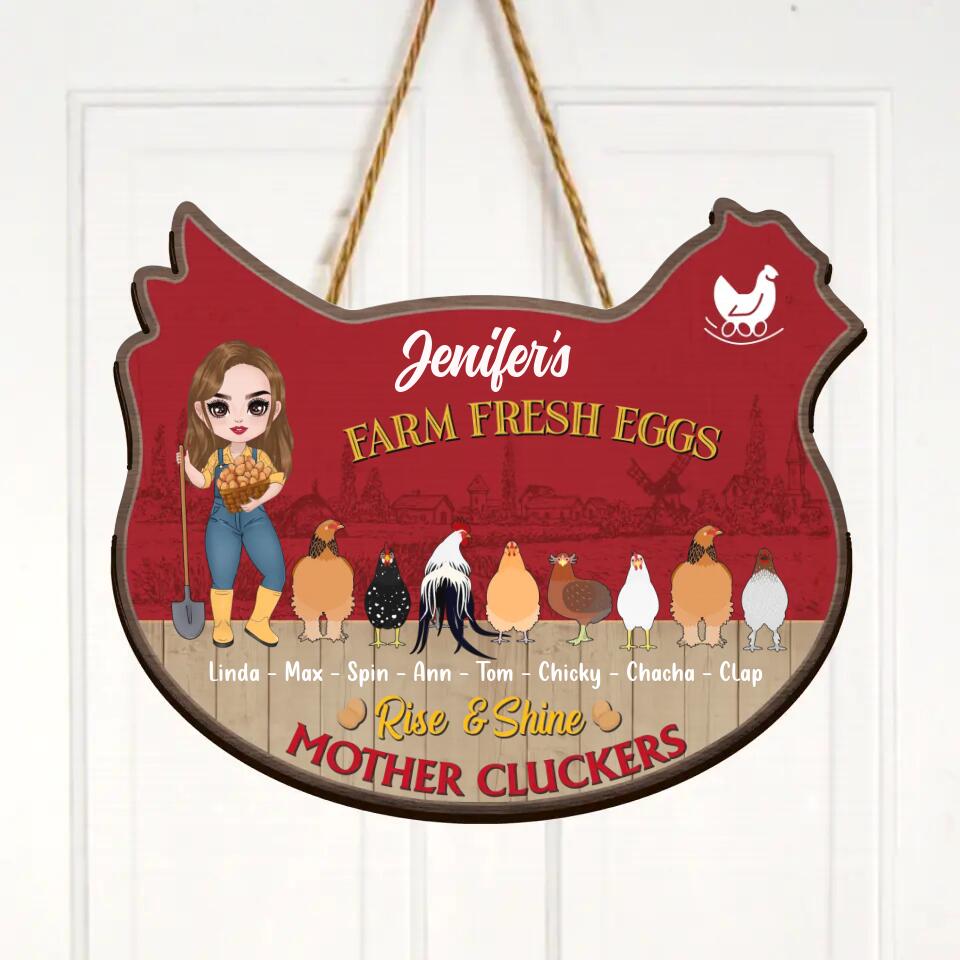 Personalized Chicken Coop Wooden Sign - Gift For Farmers, Chicken Lovers - Up to 8 Chickens - Rise & Shine Mother Cluckers