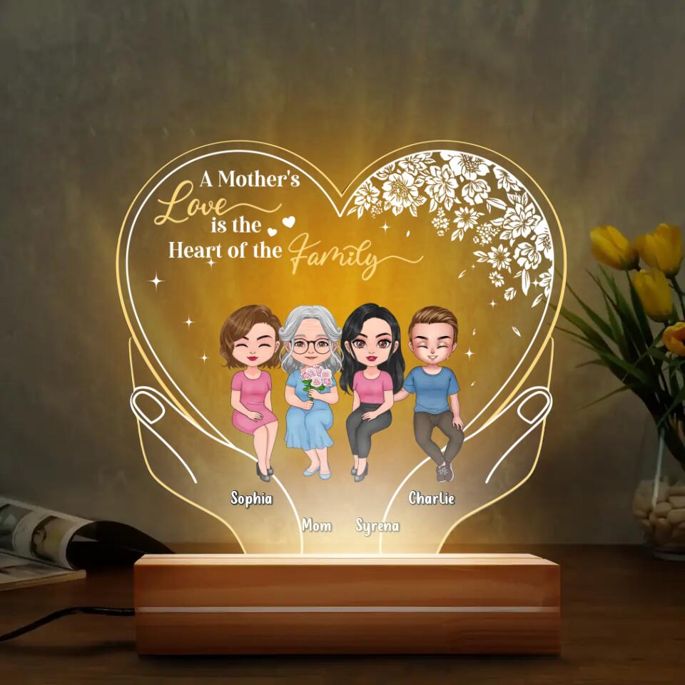 Personalized Mother Acrylic Night Light - Up to 3 Children - Gift Idea for Mother's Day - A Mother's Love Is The Heart Of The Family