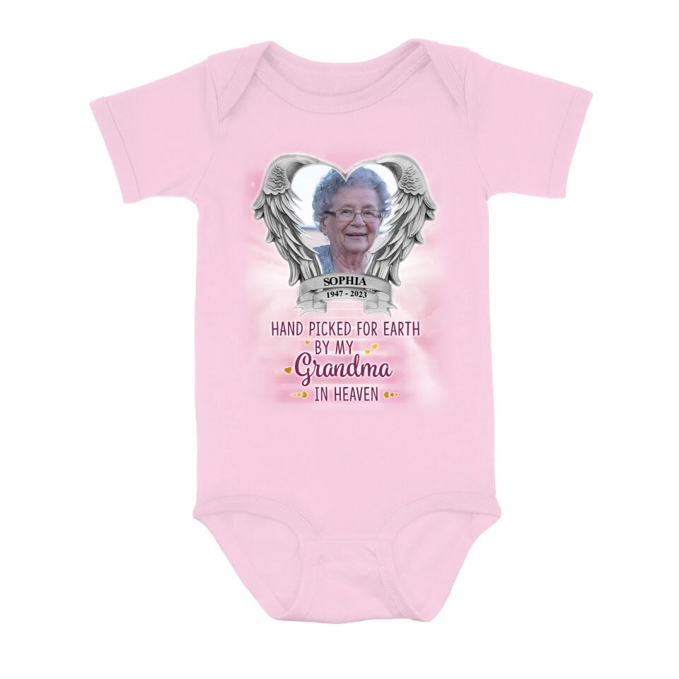 Personalized Memorial Photo Baby Onesie - Memorial Gift Idea For Father's Day/Mother's Day - Hand Picked For Earth By My Grandma In Heaven