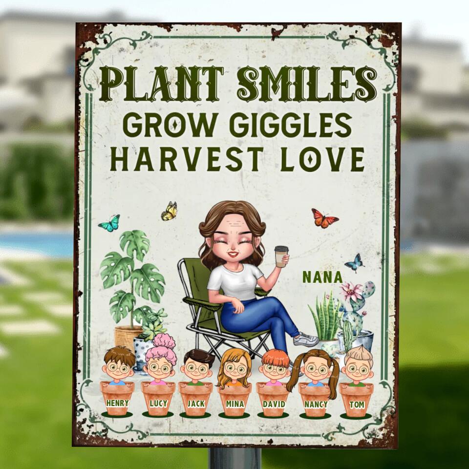 Personalized Grandma Garden Metal Sign - Gift Idea For Grandma/Mother's Day - Up to 7 Kids - Plant Smiles Grow Giggles Harvest Love