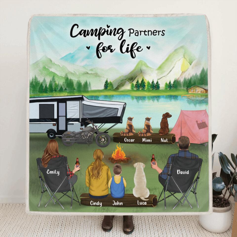 Personalized Camping Blanket Gift For Whole Family, Camping Lovers - Parents with 2 Kids and 4 Pets - Camping Partners For Life - 3KFOG2
