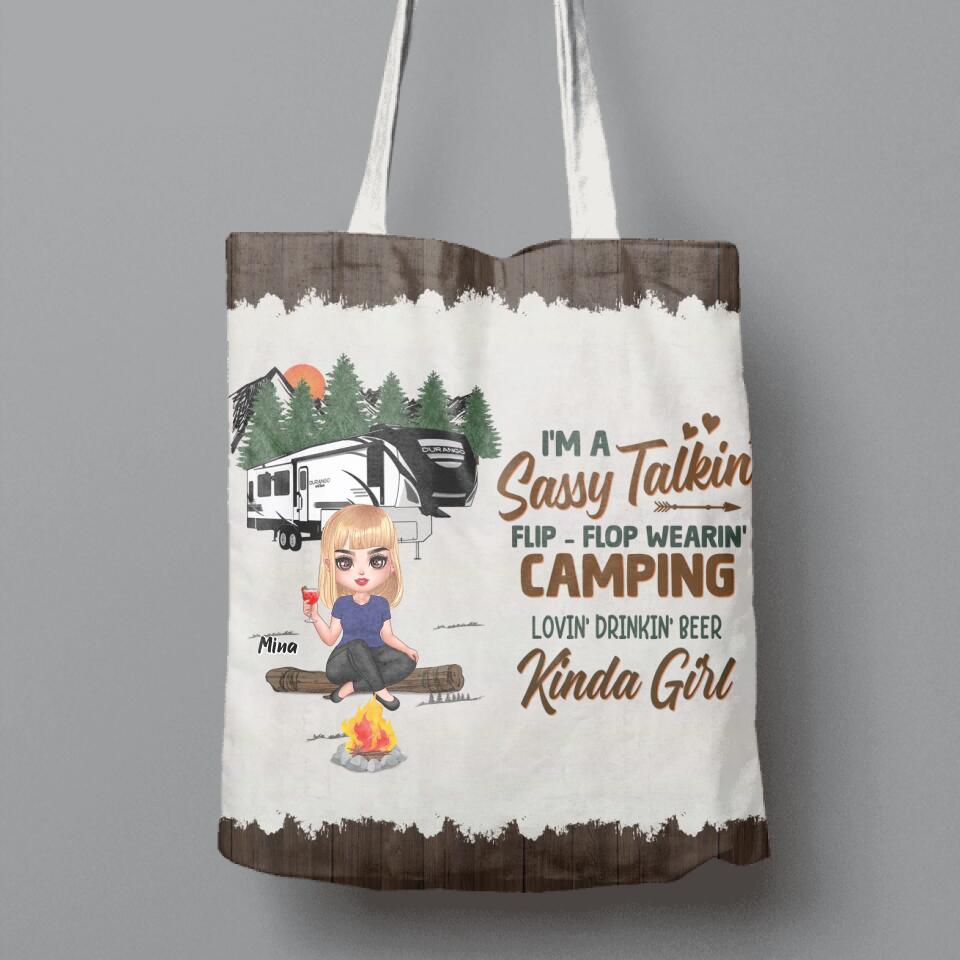 Personalized Camping Girl Canvas Bag - Gift Idea For Camping Lover - I'm A Sassy Talkin' Flip-Flop Wearin' Camping Lovin' Beer Drinkin' Kinda Girl