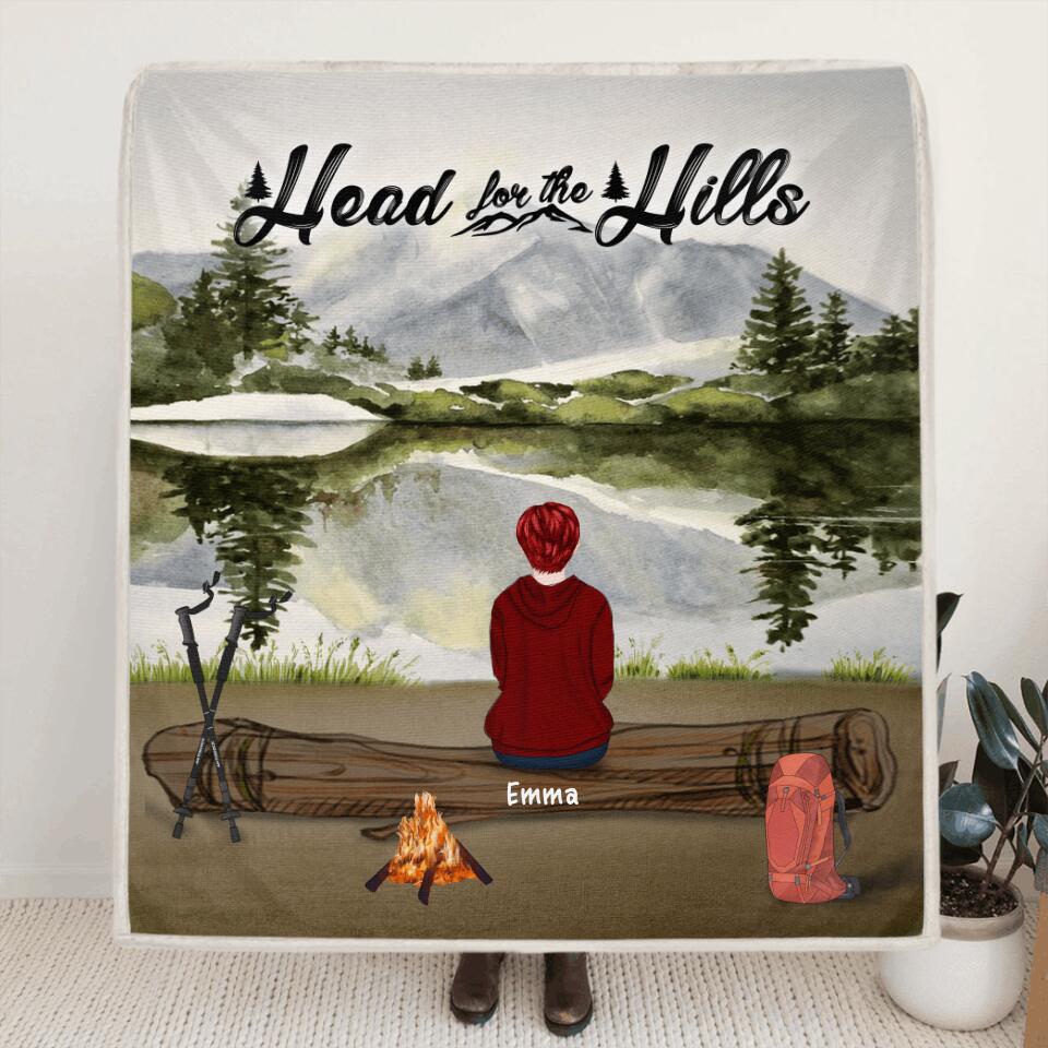 Personalized Hiking Quilt/Fleece Blanket - Parents With Children/Man/Woman/Couple With Up to 6 Pets - Gift For Hiking Lover - Head For The Hills