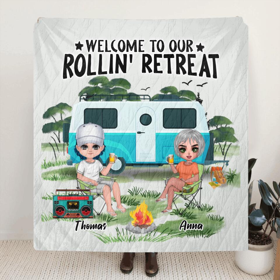 Personalized Camping Fleece Throw Blanket/Quilt - Gift For Camping Lovers - Up to 4 People - Welcome To Our Rollin' Retreat