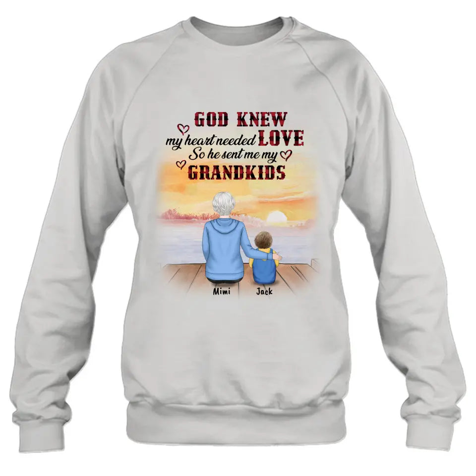 Personalized T-shirt/Hoddie/Sweatshrt/Sleeve - Gift for Grandparent and Grandkids - Grandma/Grandpa and Grandkids - Up to 4 Grandkids - God knew my heart needed love