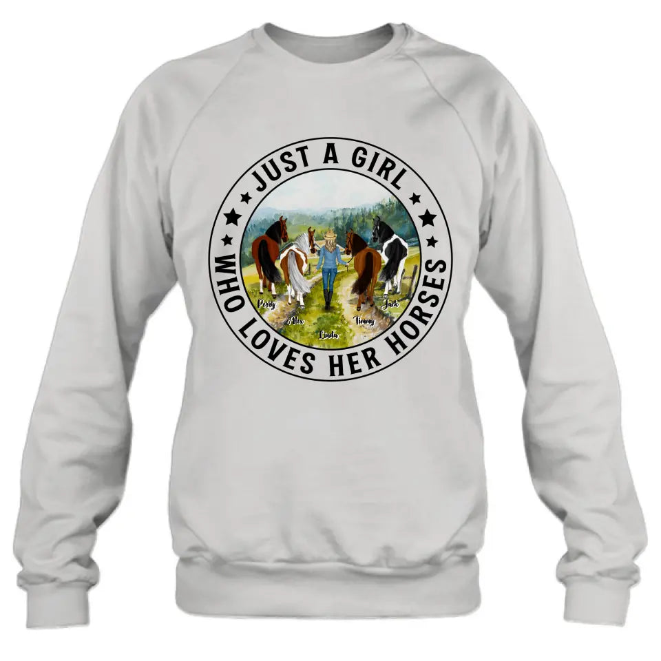 Personalized Horse Girl Shirt - Up to 4 Horses - Gift For Horse Lover - Just A Girl Who Loves Her Horses
