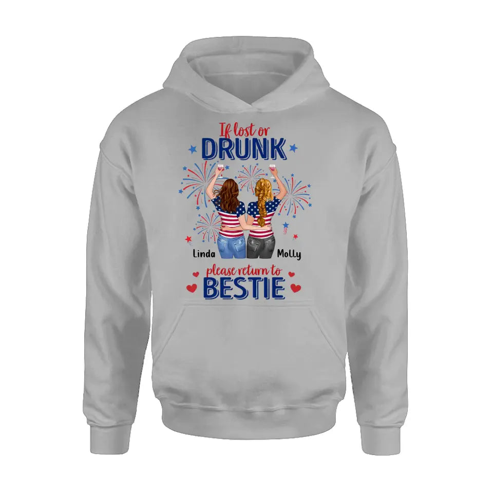 Personalized Friend's 4th Of July T-Shirt/Long Sleeve/Sweatshirt/Hoodie - Gift Idea For Friends/Besties/Sister On Independence Day - Up to 4 Girls - If Lost Or Drunk Please Return To Bestie