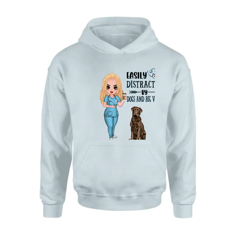 Personalized Nurse Dog Mom Shirt/ Pullover Hoodie - Up to 5 Dogs - Gift Idea For Dog Lovers - Easily Distracted By Dogs And Big Veins
