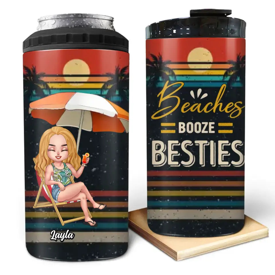 Personalized Besties 4 In 1 Can Cooler Tumbler - Up to 4 People - Gift Idea For Besties/Friends/Beach Lovers - Beach Booze Besties