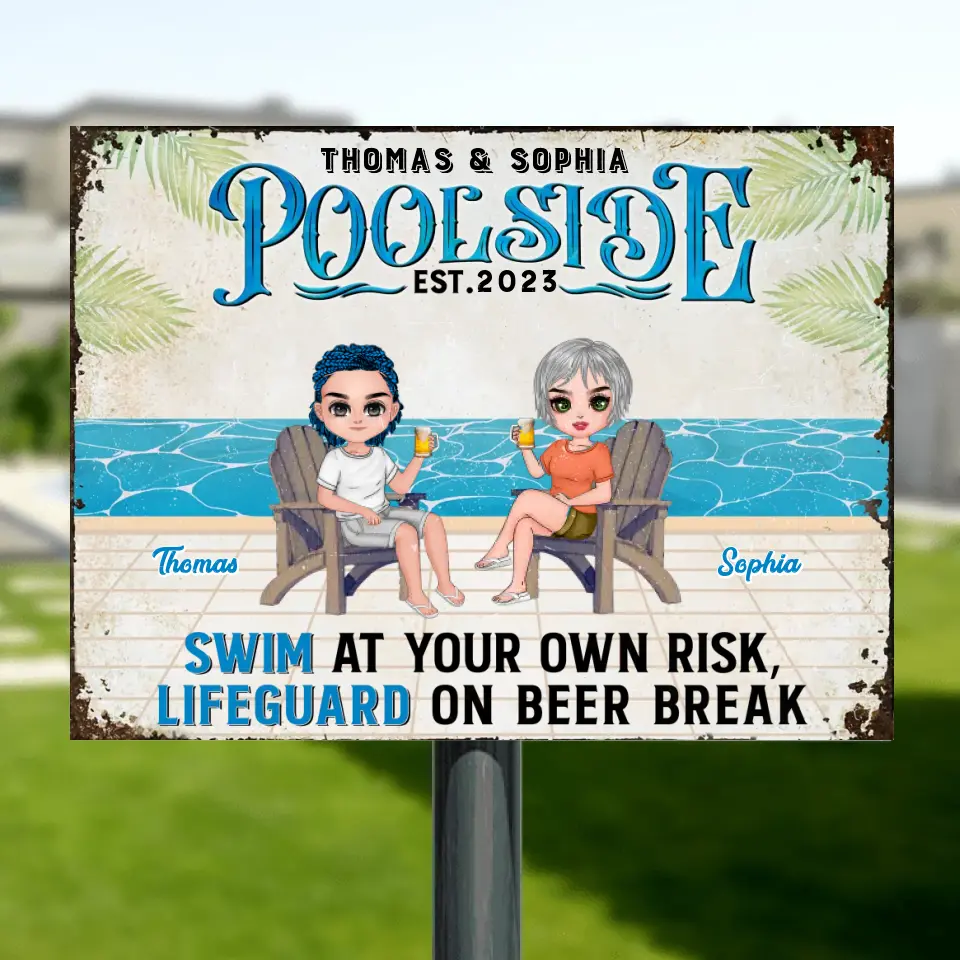 Personalized Couple Horizontal Metal Sign - Gift Idea For Couple/Beach Lovers - Poolside Est.2023 Swim At Your Own Risk