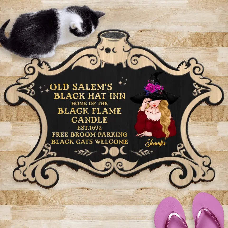 Personalized Witch Doormat - Gift Idea For Halloween/Witch/Pagan Decor - Old Salem's Black Hat Inn Home Of The Black Flame Candle