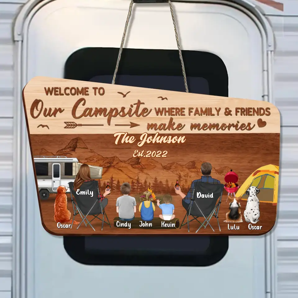 Personalized Camping Family Wooden Sign - Parents/Couple/Single Parent With Up to 3 Kids And 3 Pets - Gift Idea For Family/Camping/Dog/Cat Lover - Welcome To Our Campsite