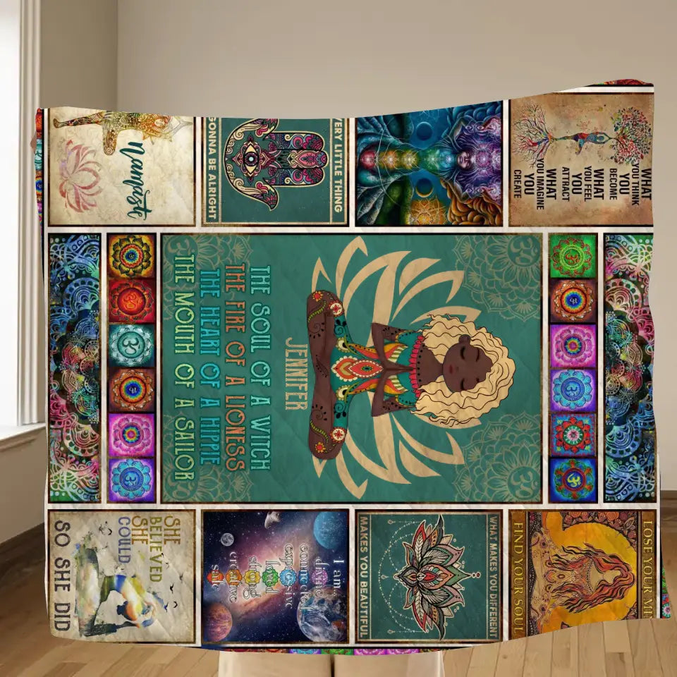 Personalized Yoga Quilt/Fleece Throw Blanket - The Soul Of A Witch, The Fire Of A Lioness - Gift Idea For Friend/Birthday/Yoga Lover