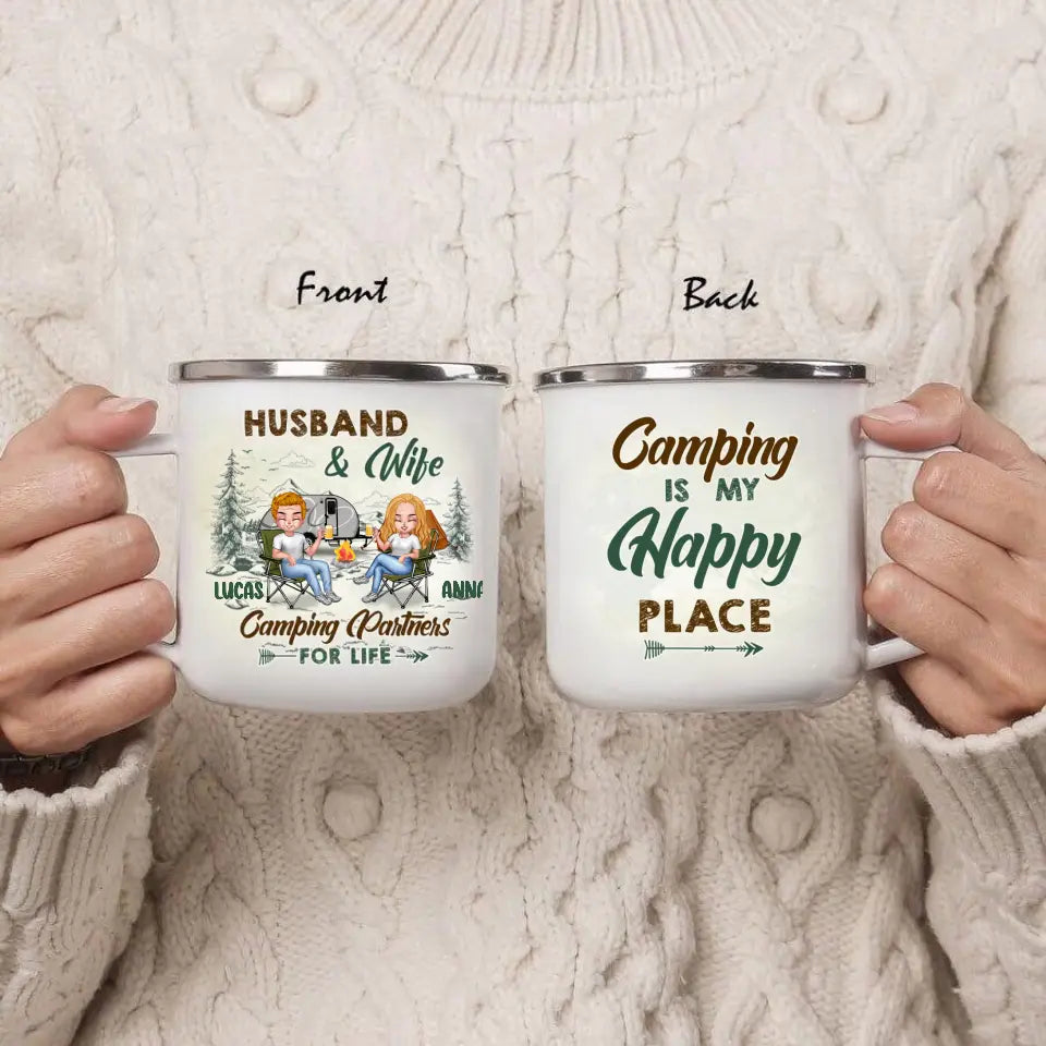 Personalized Camping Couple Enamel - Gift Idea For Camping Lover/Couple - Camping Is My Happy Place