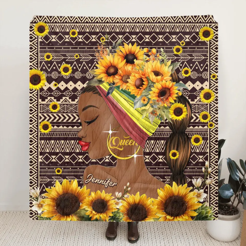 Personalized Sunflower Girl Fleece Throw Blanket/Quilt - Gift Idea for Black Girl/Black Woman/Afro Black Girl
