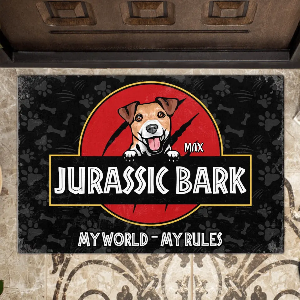 Personalized Dog Doormat - Gift Idea For Dog Lover/Dog Owner - Custom Dog's Name - Jurassic Bark - Their World - Their Rules