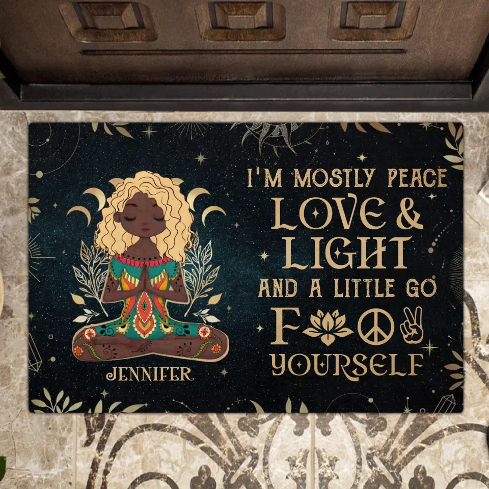 Personalized Yoga Doormat - Halloween Gift Idea for Yoga Lovers - I'm Mostly Peace Love And Light