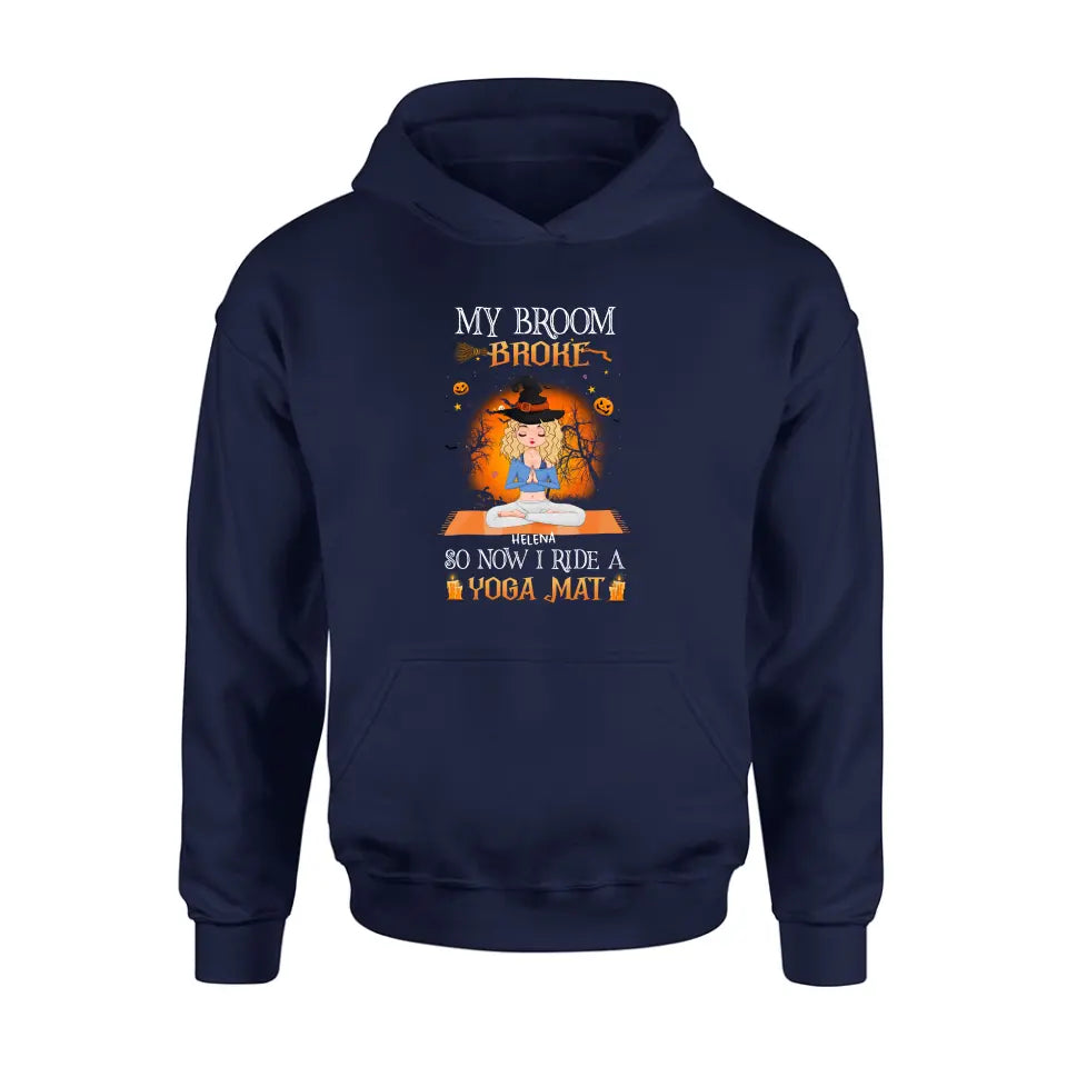 Personalized Witch Yoga Girl Shirt/Hoodie - Gift Idea For Witch Lover/Halloween - My Broom Broke So Now I Ride A Yoga Mat