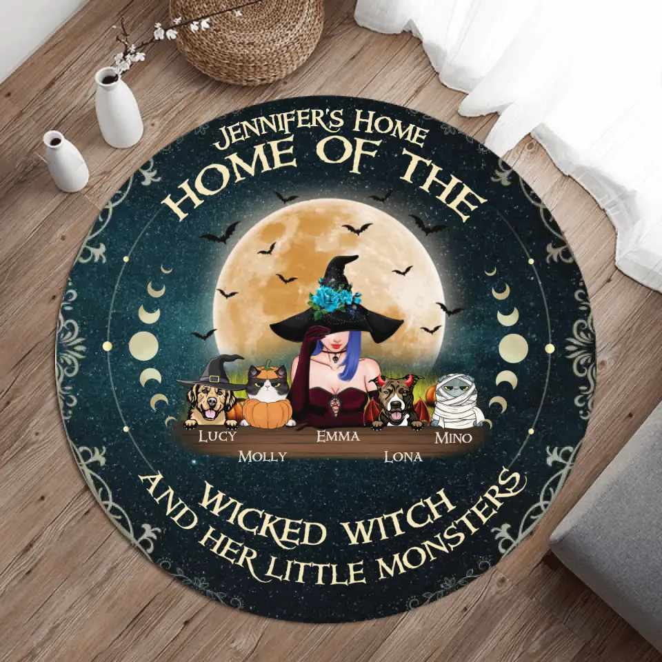 Personalized Witch Round Rug - Gift Idea For Halloween/Wicca Decor/Pagan Decor - Up to 6 Pets - Home Of The Wicked Witch And Her Little Monsters