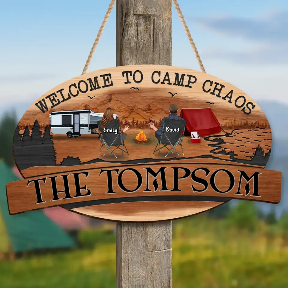 Personalized Camping Wooden Sign - Gift Idea For Couple/Family/Camping Lovers - Couple/Parents With Up to 3 Kids And 2 Pets - Welcome To Camp Chaos