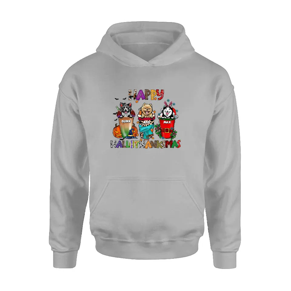 Personalized Hallothanksmas Shirt/Hoodie - Halloween/Christmas/Thanksgiving Gift Idea for Dog Lovers - Happy Hallothanksmas