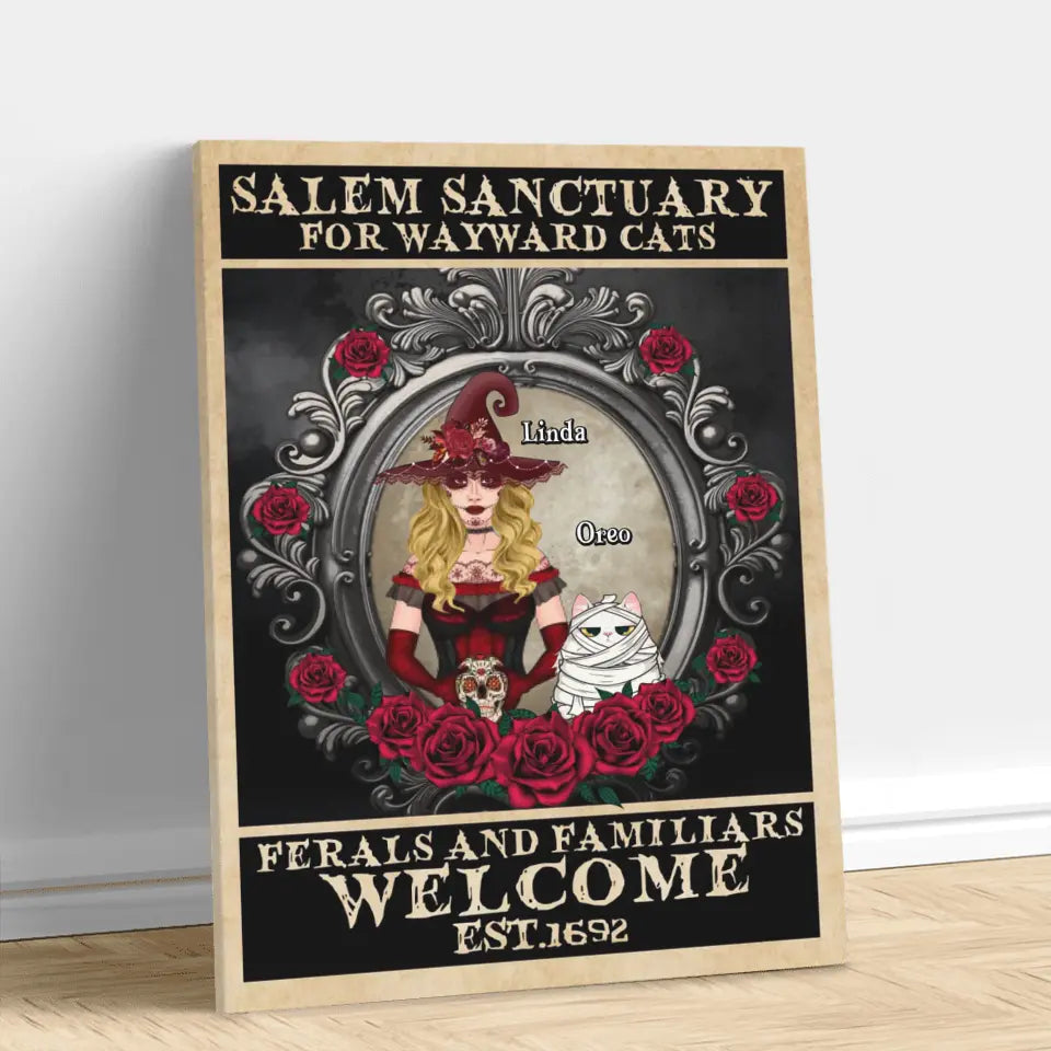 Personalized Halloween Cat Witch Canvas - Up to 4 Cats - Halloween Gift For Cat Lovers/Wiccan Decor/Pagan Decor/Wall Art Wicked Witch - Salem Sanctuary For Wayward Cats