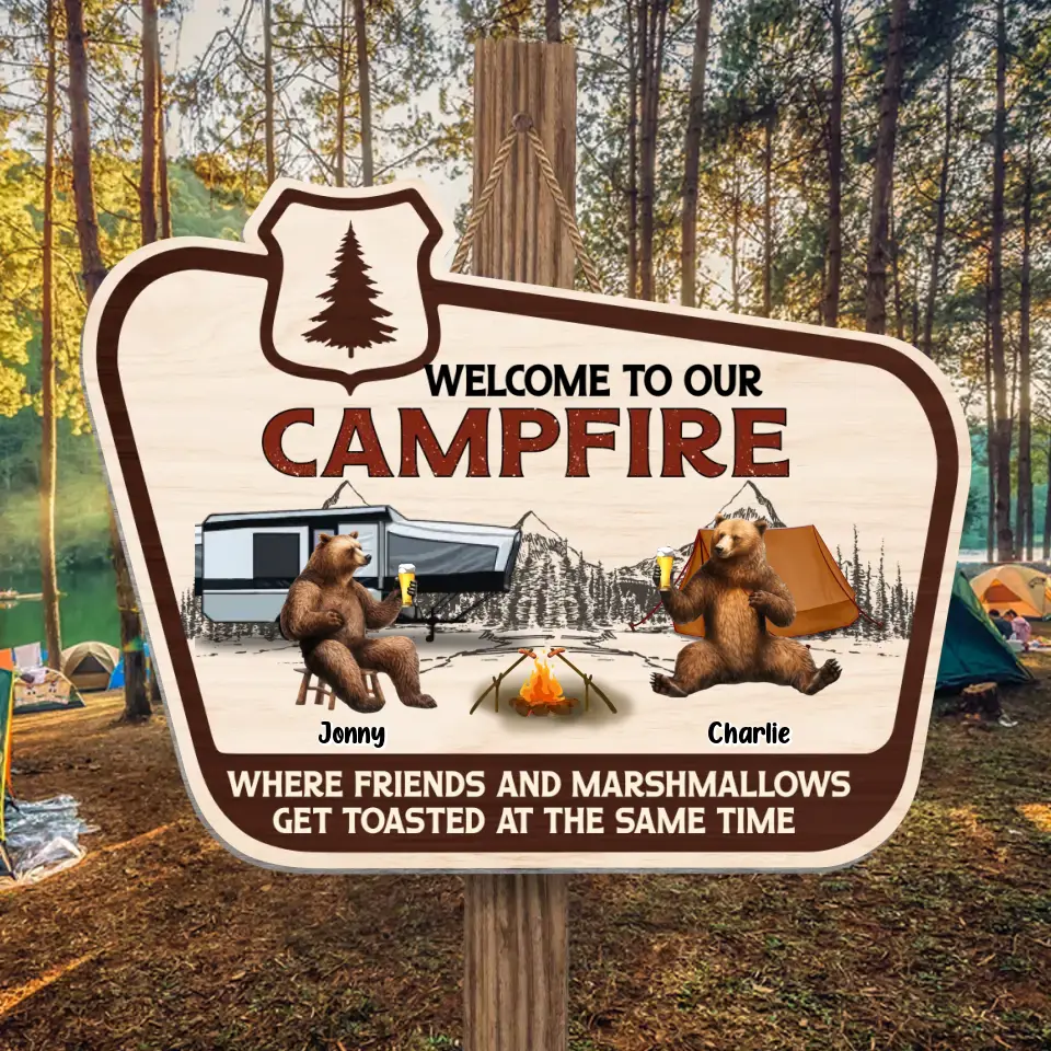 Personalized Camping Wooden Sign - Up to 7 Friends - Gift Idea For Camping Lovers/Friends - Welcome To Our Campfire