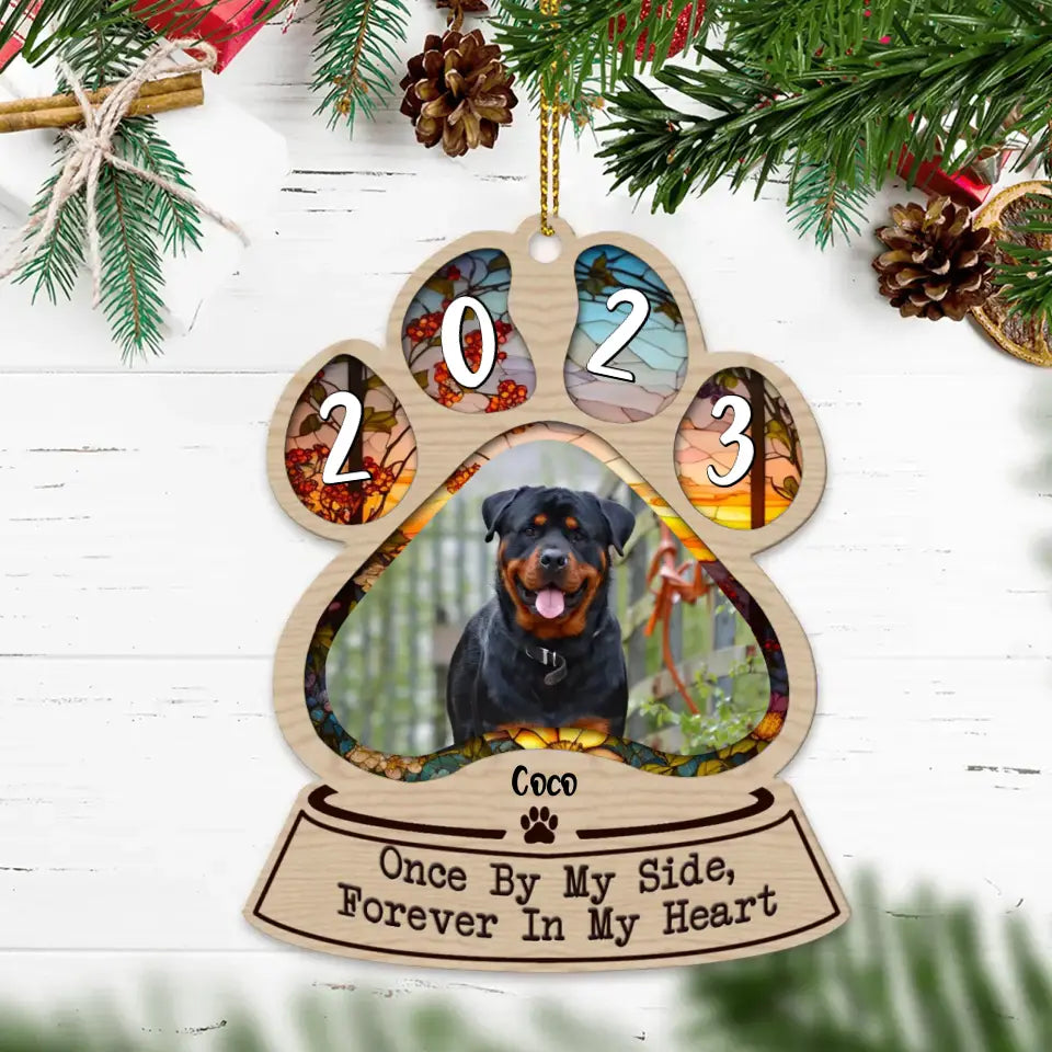 Personalized Memorial Dog Paw Wooden Ornament - Upload Photo - Memorial Gift Idea For Dog Owner - Once By My Side, Forever In My Heart