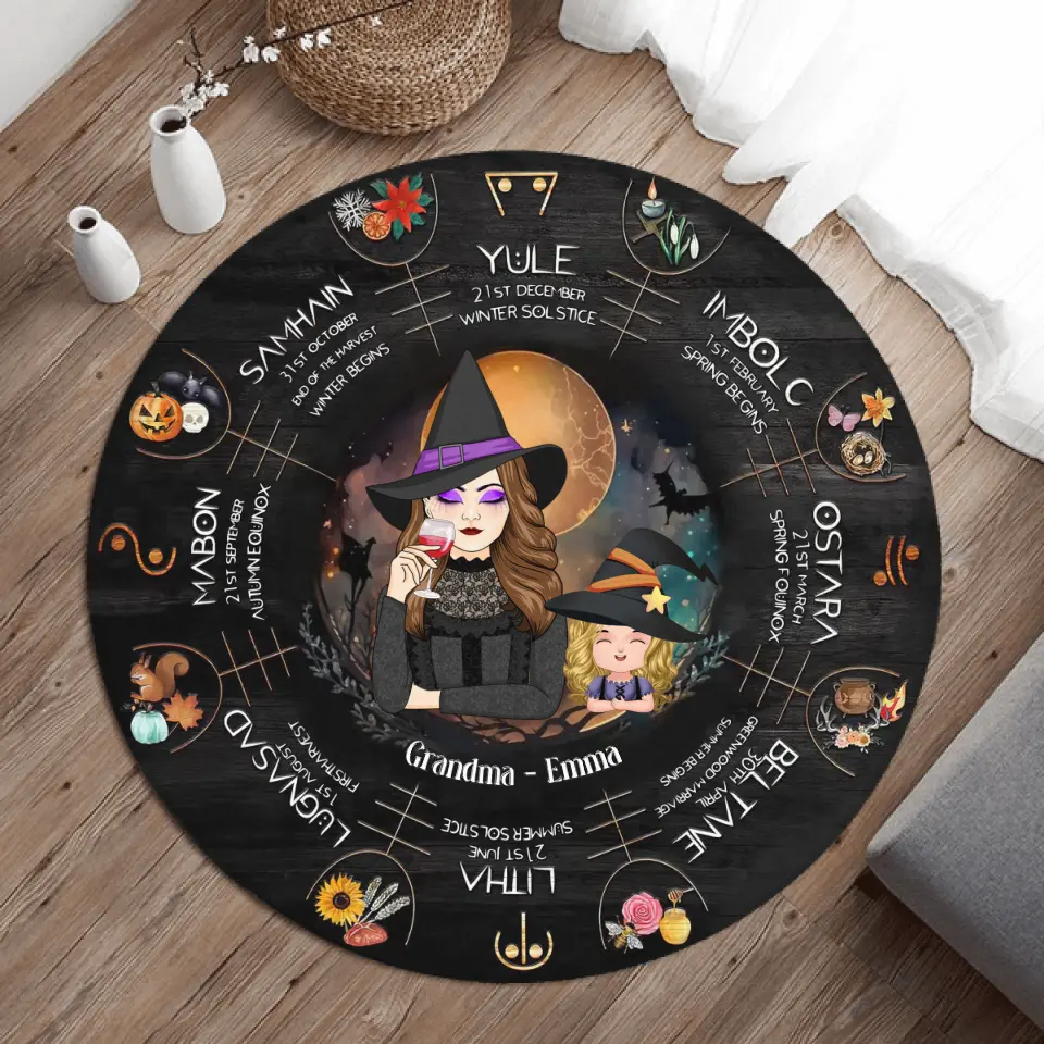 Personalized Grandma Witch Round Rug - Up to 4 Kids - Halloween Gift Idea for Grandma from Grandkids