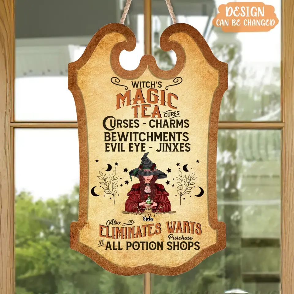 Personalized Witch's Magic Tea Wooden Sign - Halloween Gift Idea - Cures Charms Bewitchments Evil Eye Jinxes