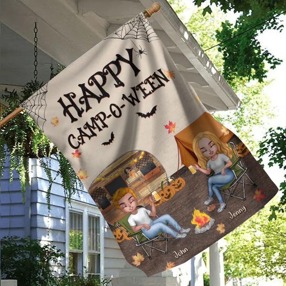 Personalized Halloween Camping Flag Sign - Up to 7 People - Halloween/Autumn Gift Idea for Camping Lovers/Couple/Friends - Happy Camp-O-Ween