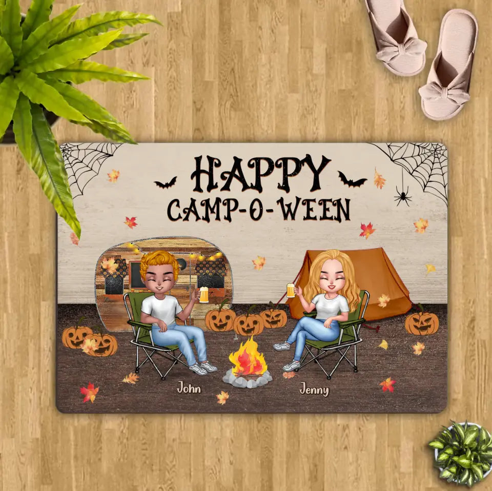 Personalize Halloween Camping Friends Doormat - Halloween Gift Idea For Camping Lovers - Autumn Gift - Up to 7 People - Happy Camp-O-Ween