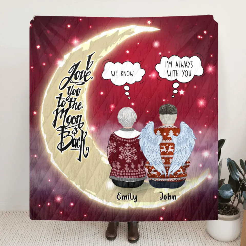 Personalized Memorial Pillow Cover/Quilt/Fleece Throw Blanket - Parents with up to 2 Children - Memorial Gift for Christmas - I Love You To The Moon & Back