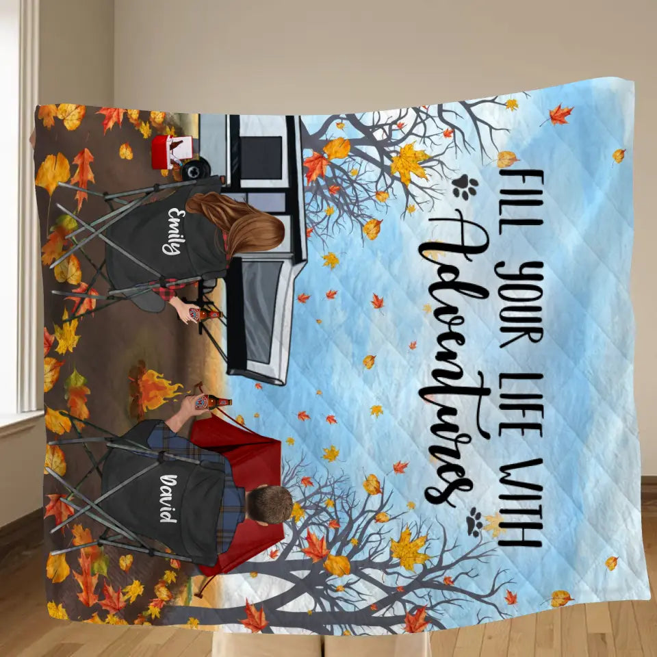 Personalized Autumn Camping Quilt/Fleece Throw Blanket - Couple/Parents With Up to 3 Kids And 3 Pets - Gift For Camping Lovers - Fill Your Life With Adventures