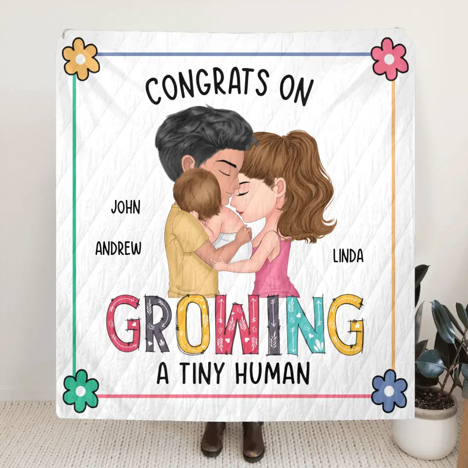 Personalized Family Pillow Cover/Fleece Throw Blanket/Quilt - Gift Idea For Parents & Baby - Congrats On Growing A Tiny Human