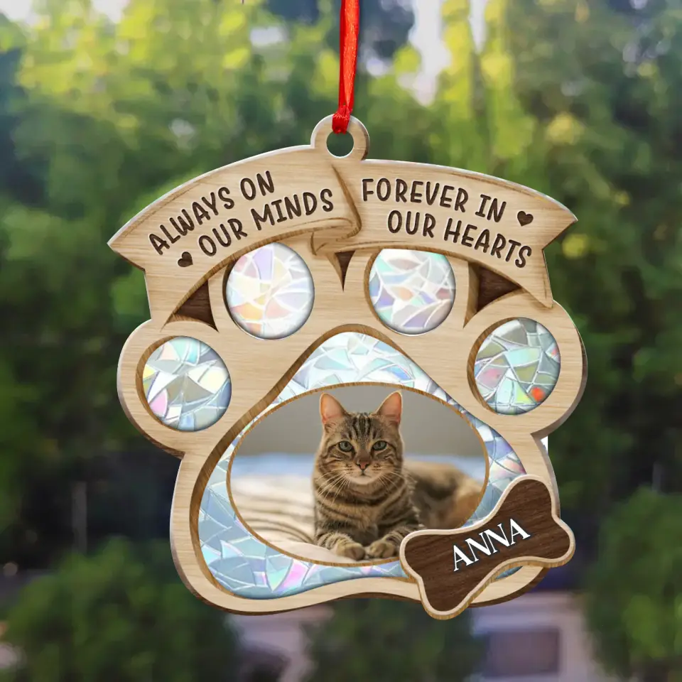 Personalized Memorial Photo Suncatcher Ornament - Christmas/Memorial Gift Idea for Pet Owners - Always On Our Minds Forever In Our Hearts