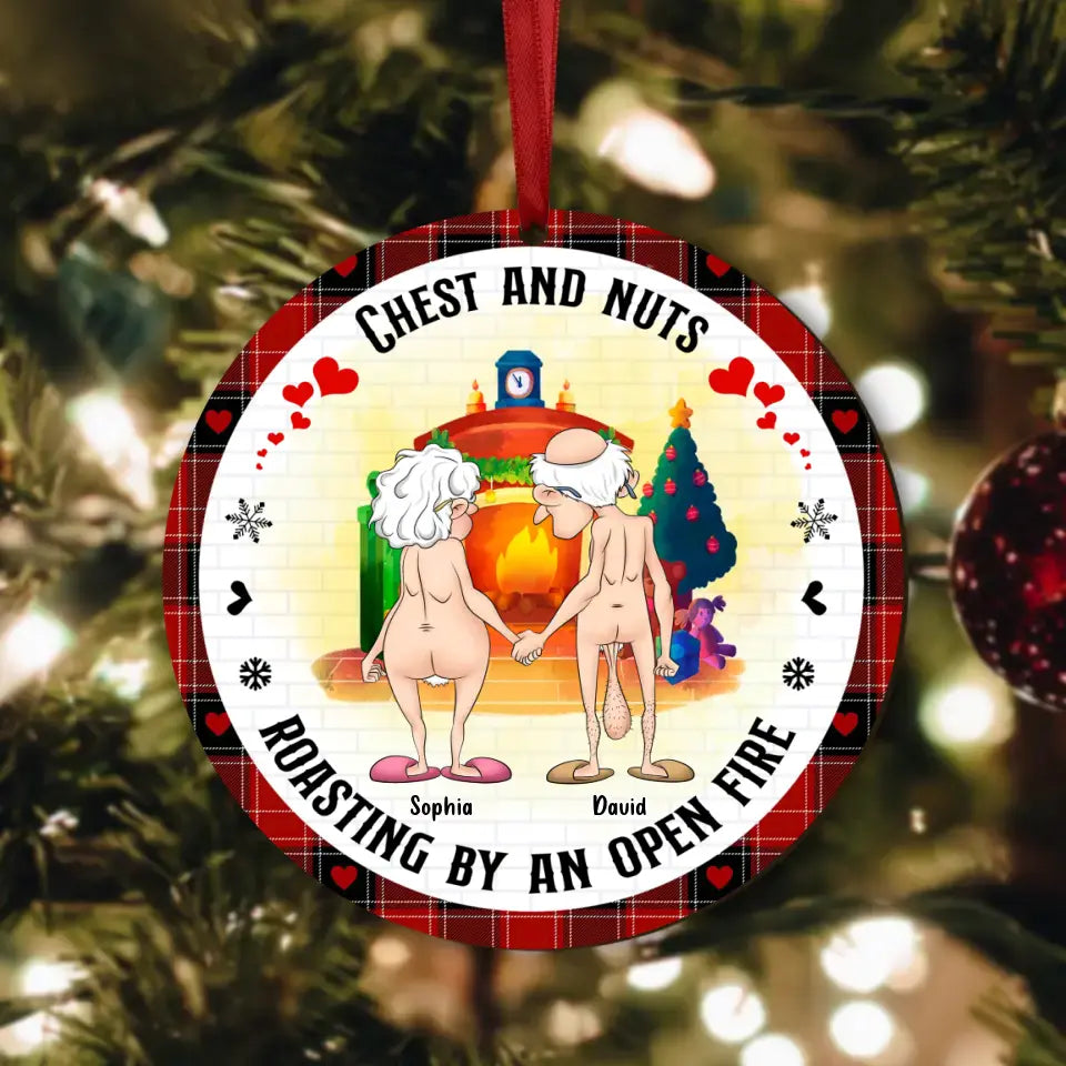 Personalized Funny Old Couple Wooden Ornament - Christmas Gift Idea For Couple - Chest And Nuts Roasting By An Open Fire
