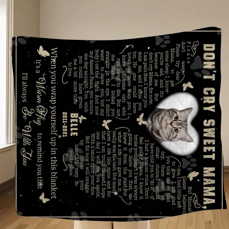 Personalized Memorial Fleece Throw Blanket & Quilt - Memorial Gift Idea For Pet Lover - Upload Photo - Don't Cry Sweet Mama