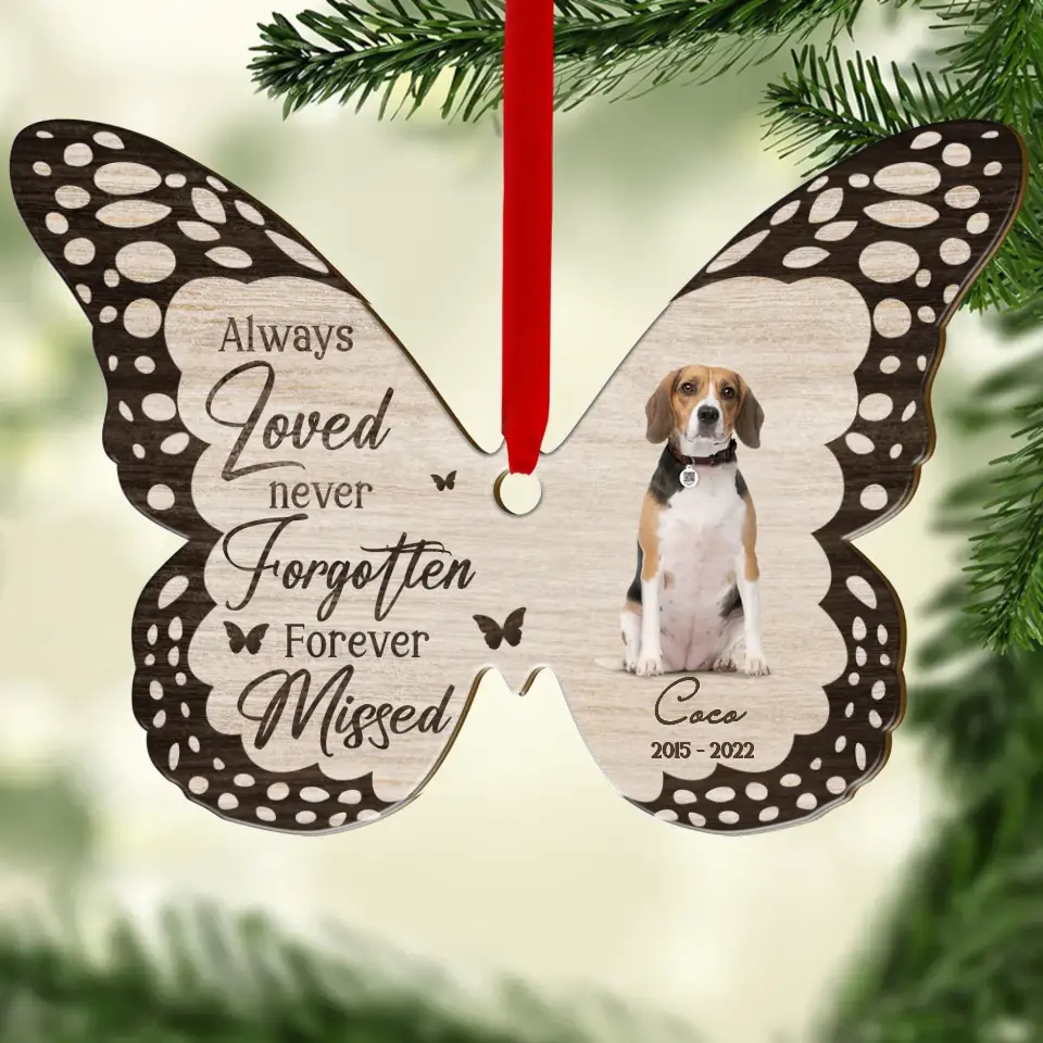 Personalized Memorial Butterfly Wooden Ornament - Upload Photo - Memorial Gift Idea For Pet Lover - Always Loved Never Forgotten Forever Missed