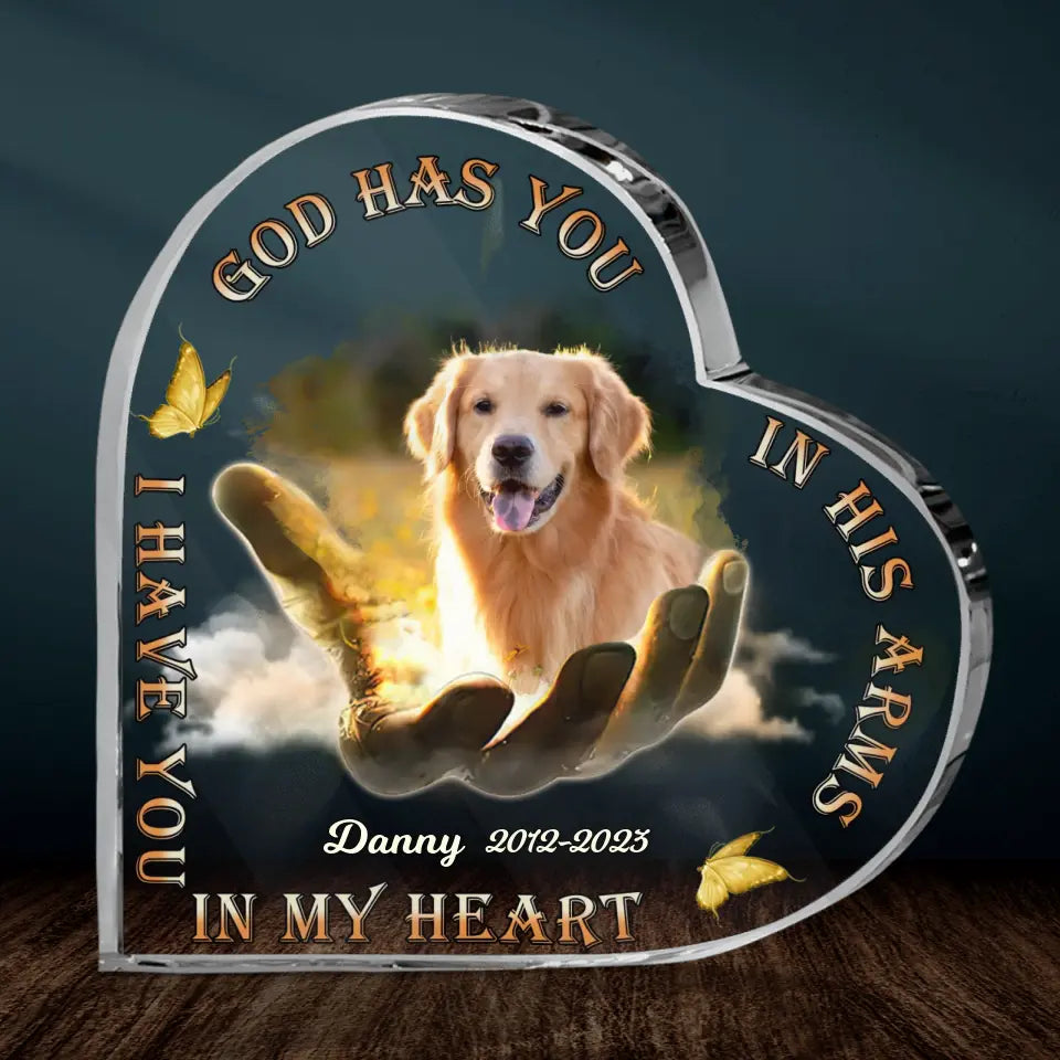 Personalized Memorial Pet Crystal Heart - Upload Photo - Memorial Gift Idea For Pet Lovers - God Has you In His Arms I Have You In My Heart