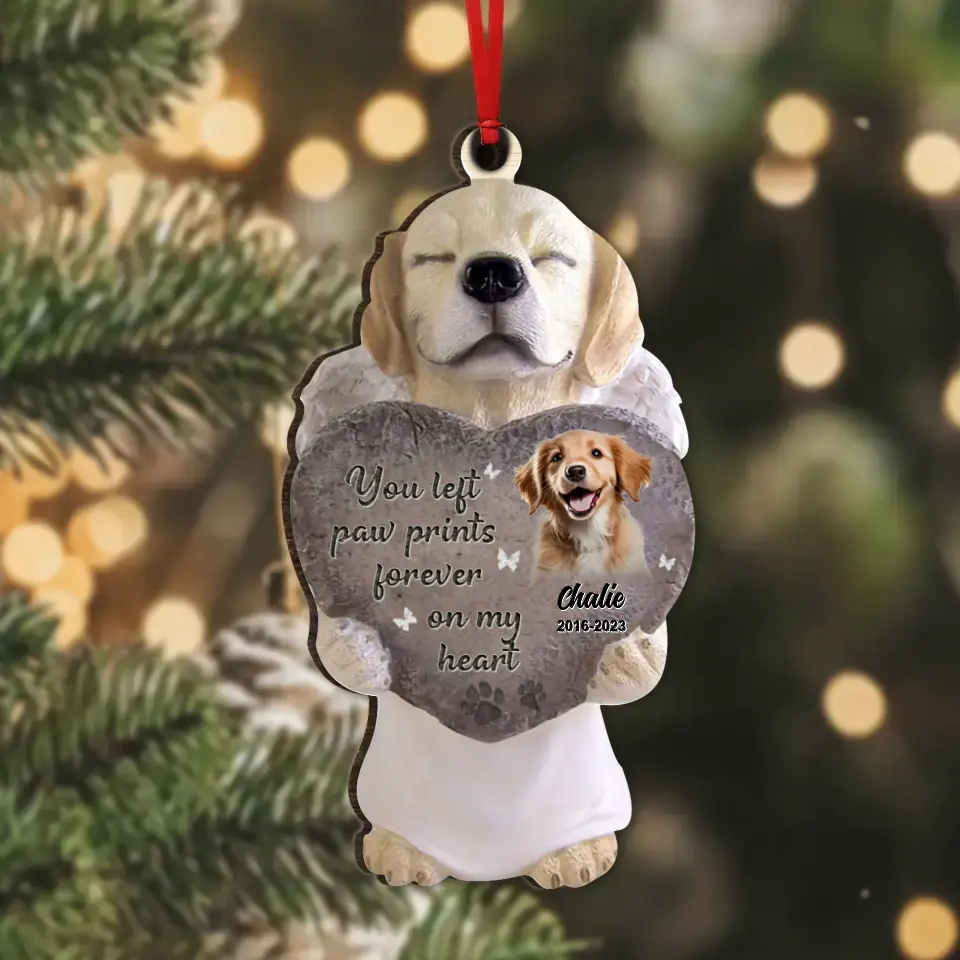 Personalized Dog Memorial Wooden Ornament - You Left Paw Prints Forever On My Heart - Upload Dog Photo - Memorial Gift Idea For Christmas/Dog Owner