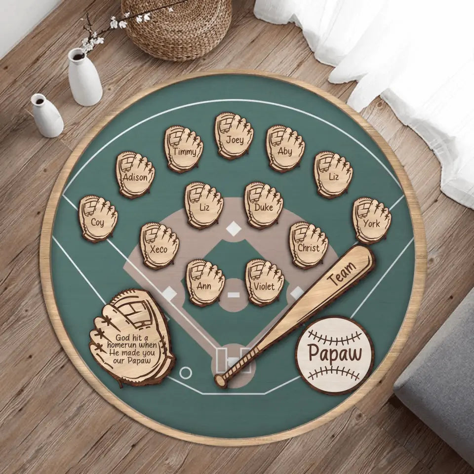 Personalized Baseball Round Rug - Up to 13 Kids - Gift Idea For Grandpa/Father/Baseball Lover - God Hit A Homerun When He Made You Our Papaw