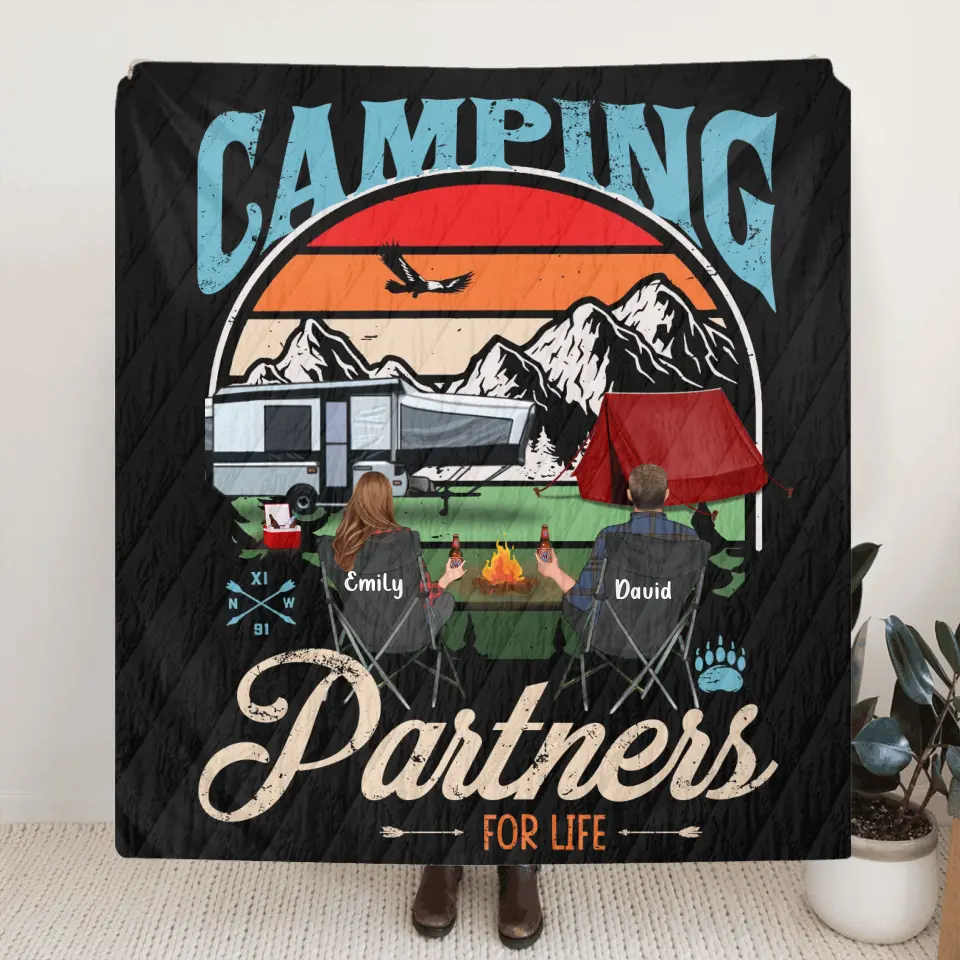 Personalized Camping Quilt/Fleece Throw Blanket - Gift Idea For Camping Lover - Up to 5 Kids 2 Pets - Camping Partners For Life