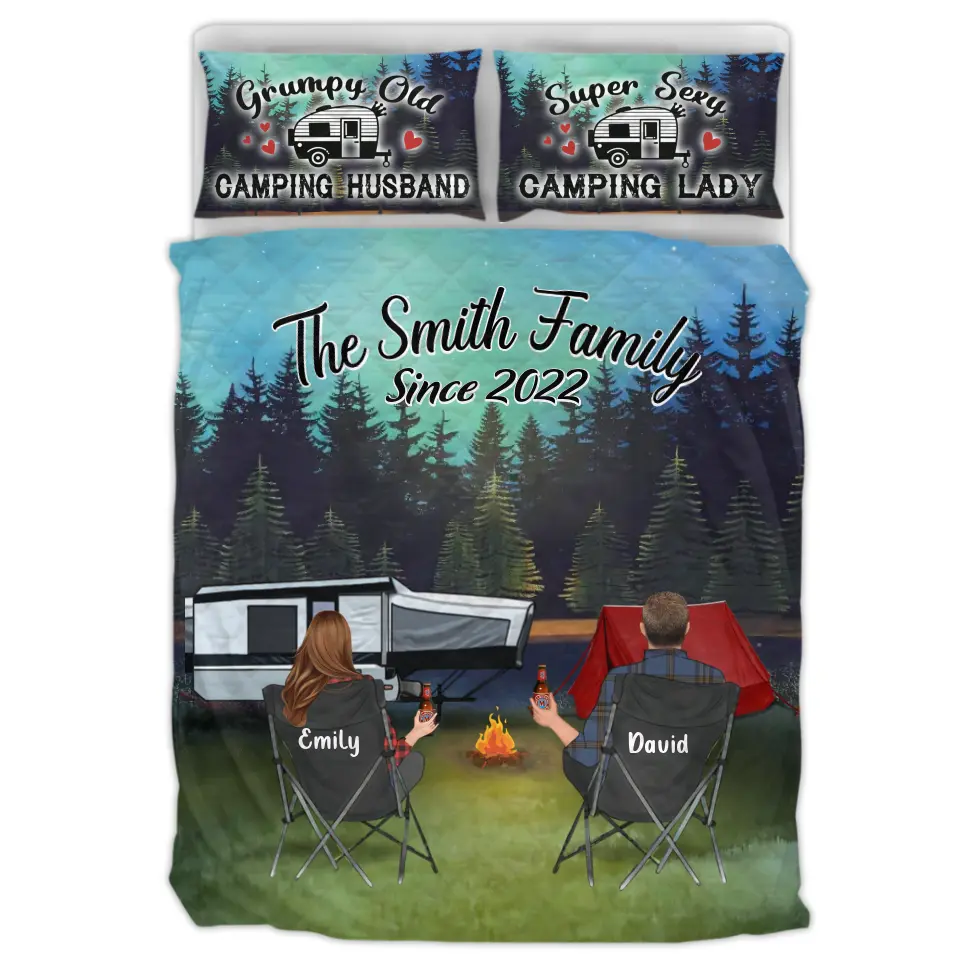 Personalized Camping Quilt Bed Sets - Gift Idea For Couple, Camping Lovers, Family - Up to 3 Kids, 3 Pets - Custom Family Name