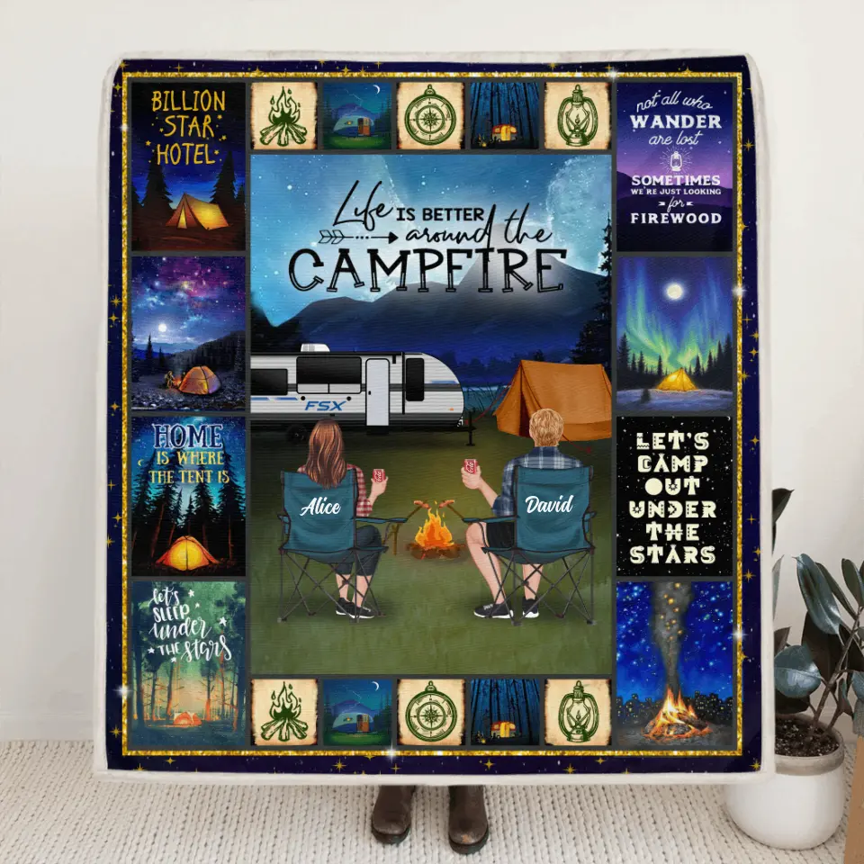Personalized Night Camping Husband & Wife Quilt/Fleece Blanket - Couple With Up to 6 Pets - Gift For Camping Lover - Life Is Better Around The Camfire