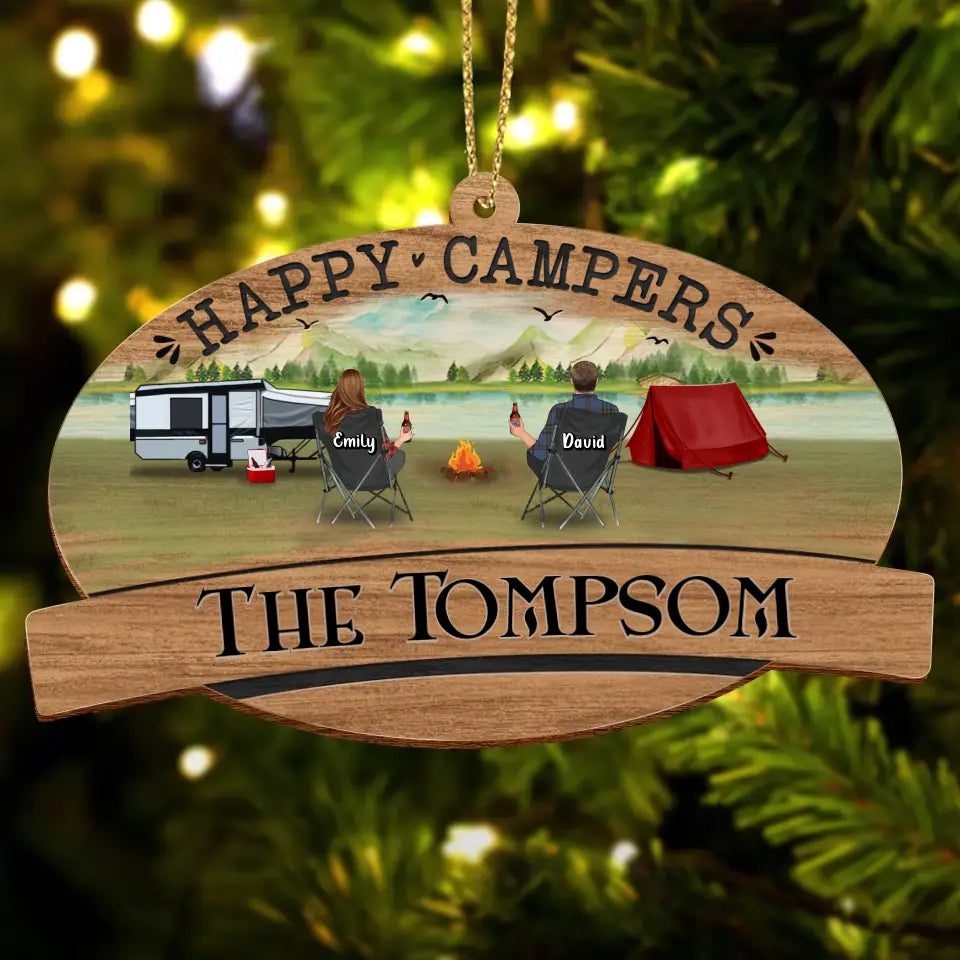 Personalized Camping Wooden Ornament - Couple/Parents With Up to 3 Kids And 2 Pets - Gift Idea For Camping Lovers/Family - Happy Campers
