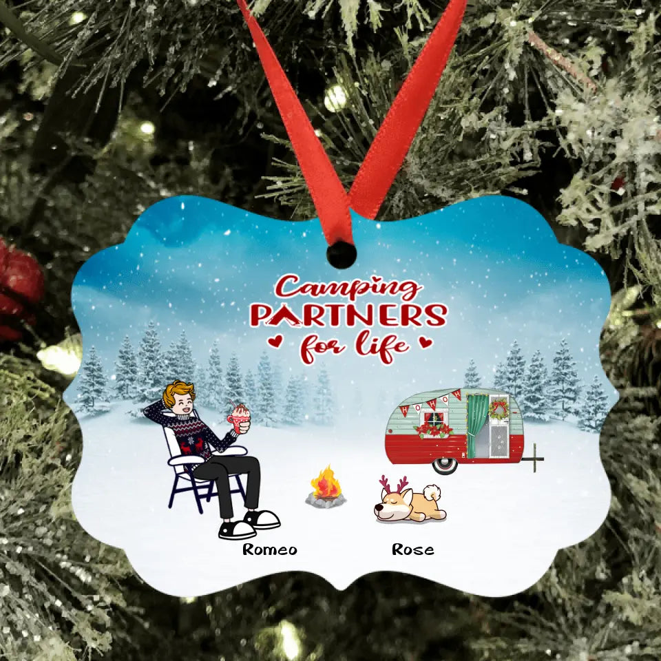 Personalized Christmas Camping Ornament - Adult/Couple With Up to 6 Pets - Christmas Gift For Dog/Cat Lover - Camping Partners For Life