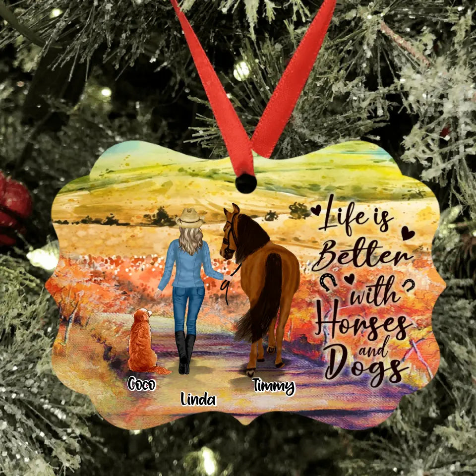 Personalized Horse And Dog Ornament - Man/Woman/Girl/Boy With Up to 2 Horses And 4 Dogs - Gift For Horse/Dog Lover