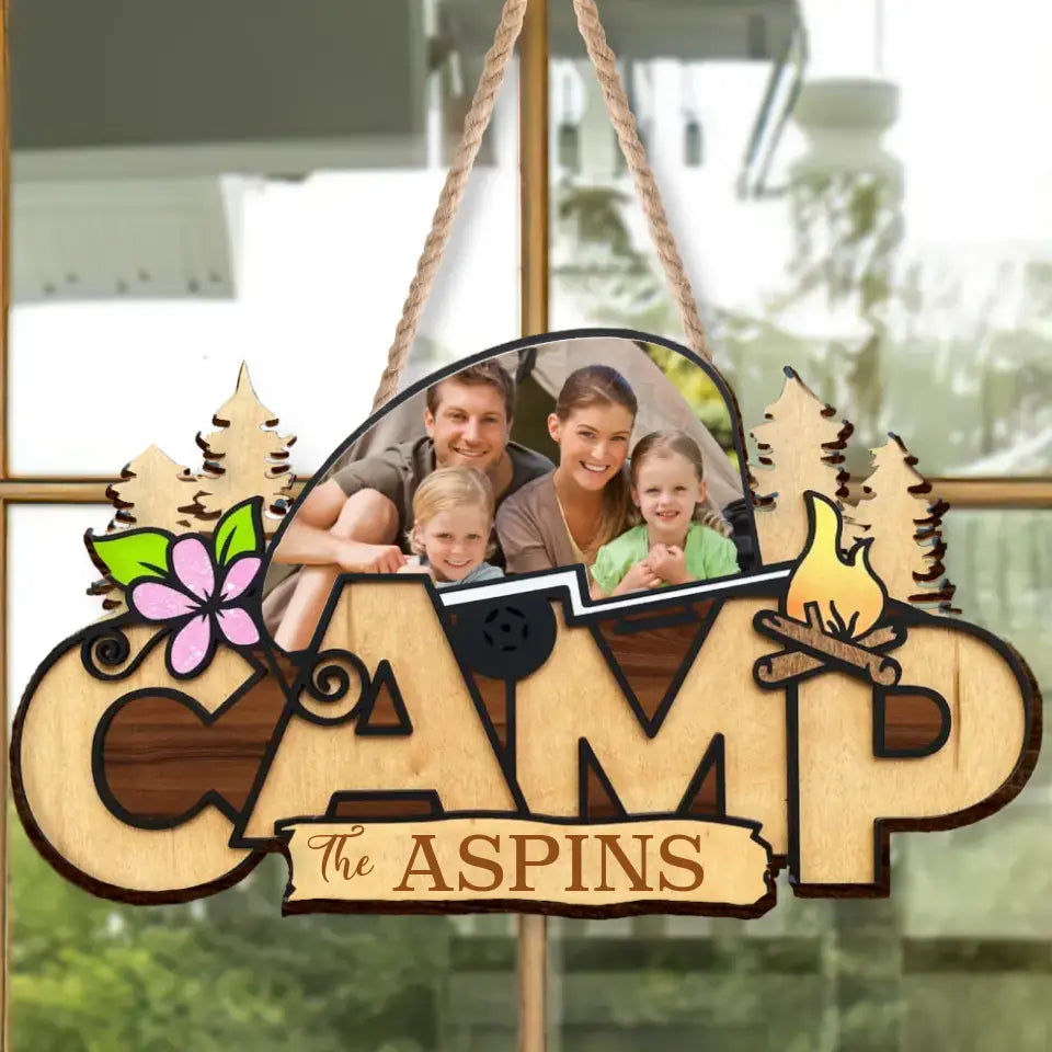 Personalized Camping Family Wooden Sign - Upload Photo - Gift Idea For Couple/Camping Lovers - The Aspins